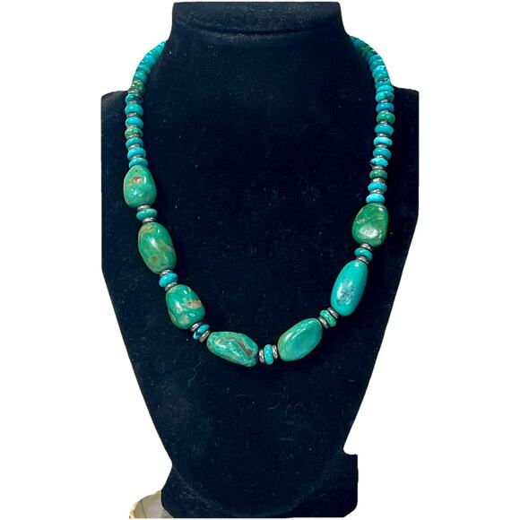 VTG Southwest Carved Heishi Turquoise Bead Necklace Sterling 925 Spacers 80.8g - Picture 2 of 16
